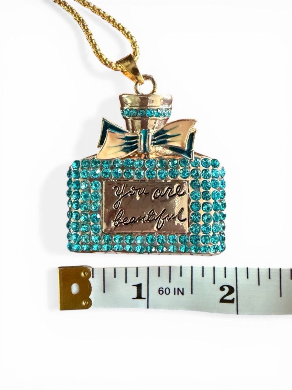 Betsey Johnson Perfume Bottle Pendant Necklace You Are Beautiful Aqua Crystals - Picture 6 of 8